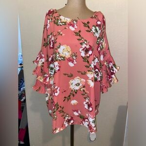 Floral Ruffle Sleeve Blouse - Rose Pink